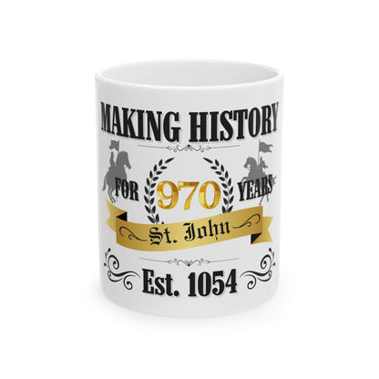 FREE SHIPPING: St. John 970 Years Anniversary Ceramic Mug – "Making History" Est. 1054