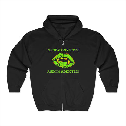 Genealogy Bites But I'm Addicted Hoodie: Fun Zip Sweatshirt, Genealogy Gift, Family History Apparel, Cozy Layering, Perfect for Heritage Events