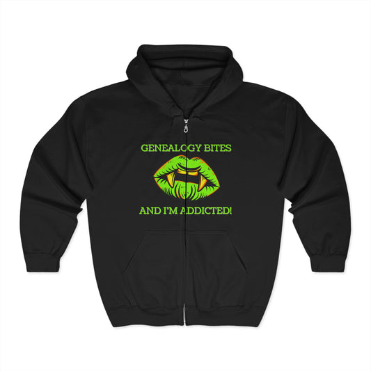 Genealogy Bites But I'm Addicted Hoodie: Fun Zip Sweatshirt, Genealogy Gift, Family History Apparel, Cozy Layering, Perfect for Heritage Events