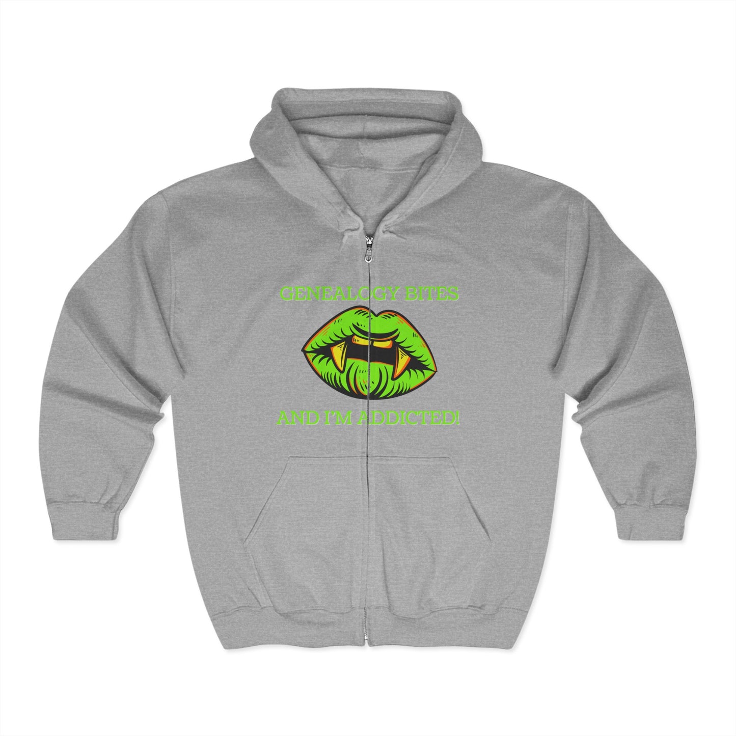 Genealogy Bites But I'm Addicted Hoodie: Fun Zip Sweatshirt, Genealogy Gift, Family History Apparel, Cozy Layering, Perfect for Heritage Events