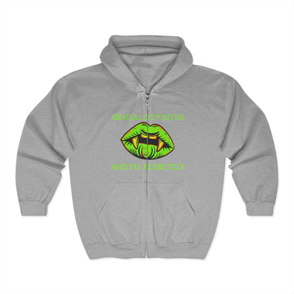 Genealogy Bites But I'm Addicted Hoodie: Fun Zip Sweatshirt, Genealogy Gift, Family History Apparel, Cozy Layering, Perfect for Heritage Events