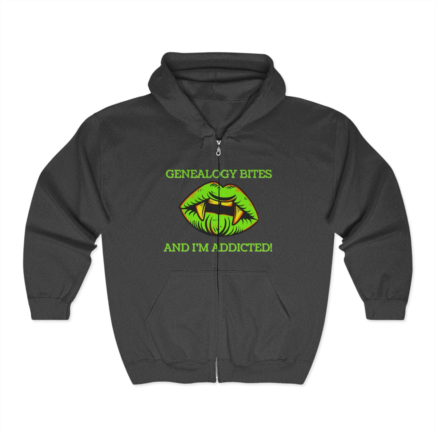 Genealogy Bites But I'm Addicted Hoodie: Fun Zip Sweatshirt, Genealogy Gift, Family History Apparel, Cozy Layering, Perfect for Heritage Events
