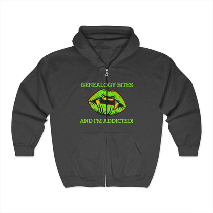 Genealogy Bites But I'm Addicted Hoodie: Fun Zip Sweatshirt, Genealogy Gift, Family History Apparel, Cozy Layering, Perfect for Heritage Events